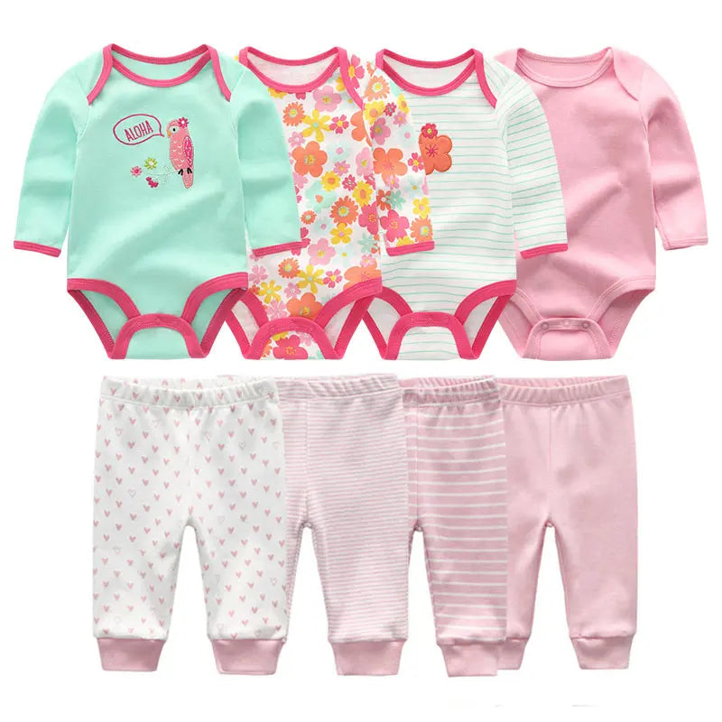 8-Piece Baby Bodysuit & Pants Set – Long Sleeve Cotton Unisex