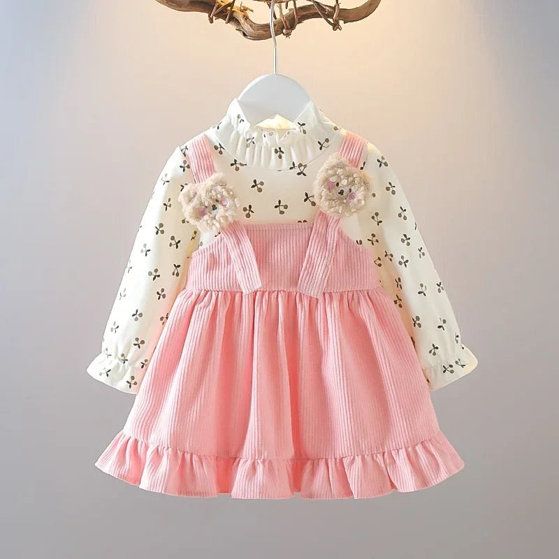 Girls Corduroy Bear & Cherry Print Dress