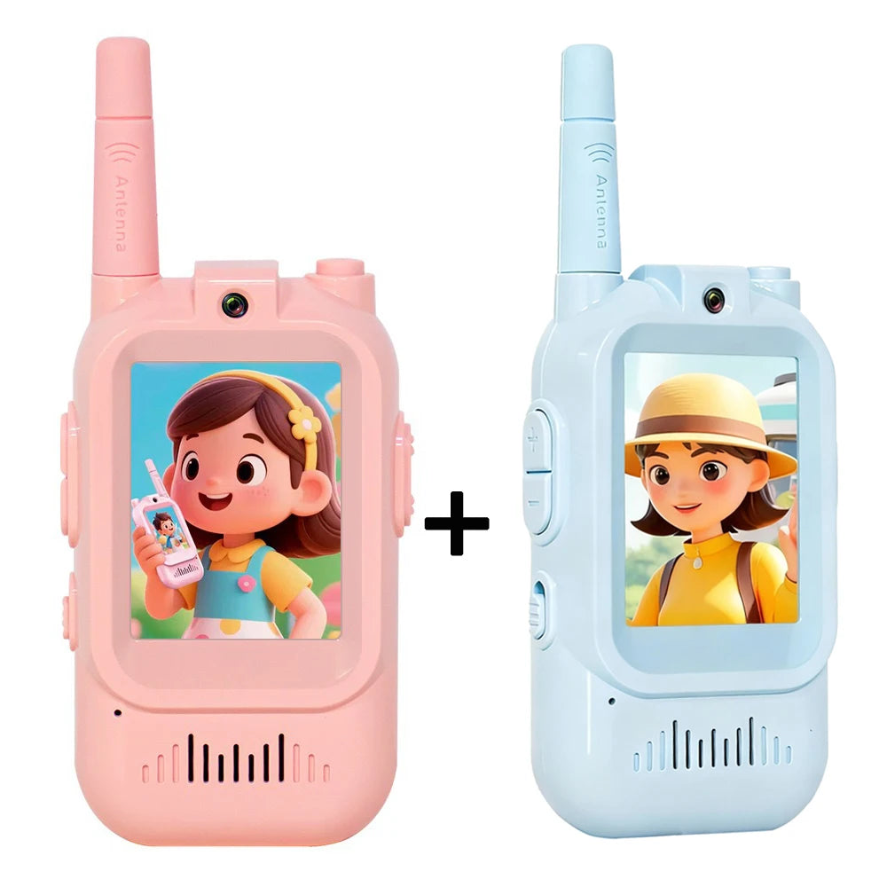 Kids video walkie talkie in blue and pink — rechargeable 2-pack for ages 3+
