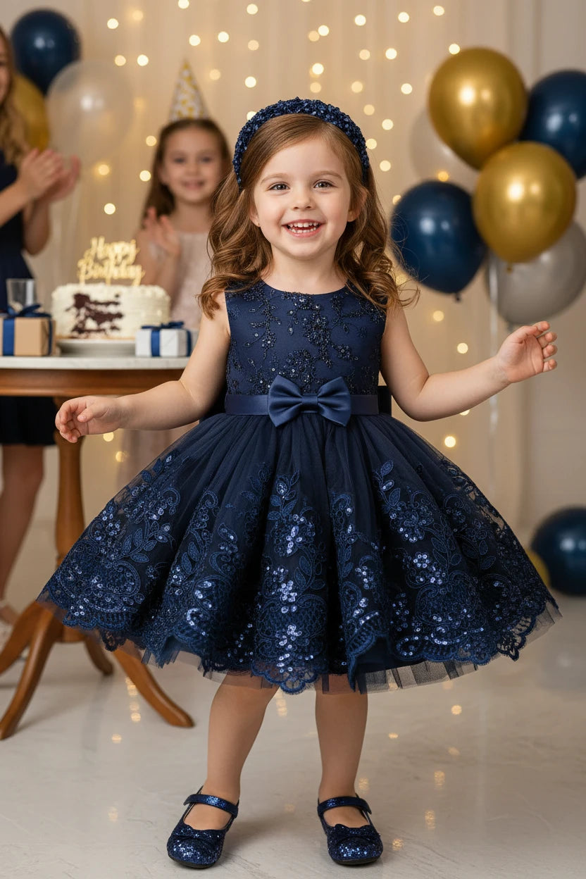 Baby Girls Lace & Mesh Party Dress | Bow A-Line Princess Dress 6M–3Y