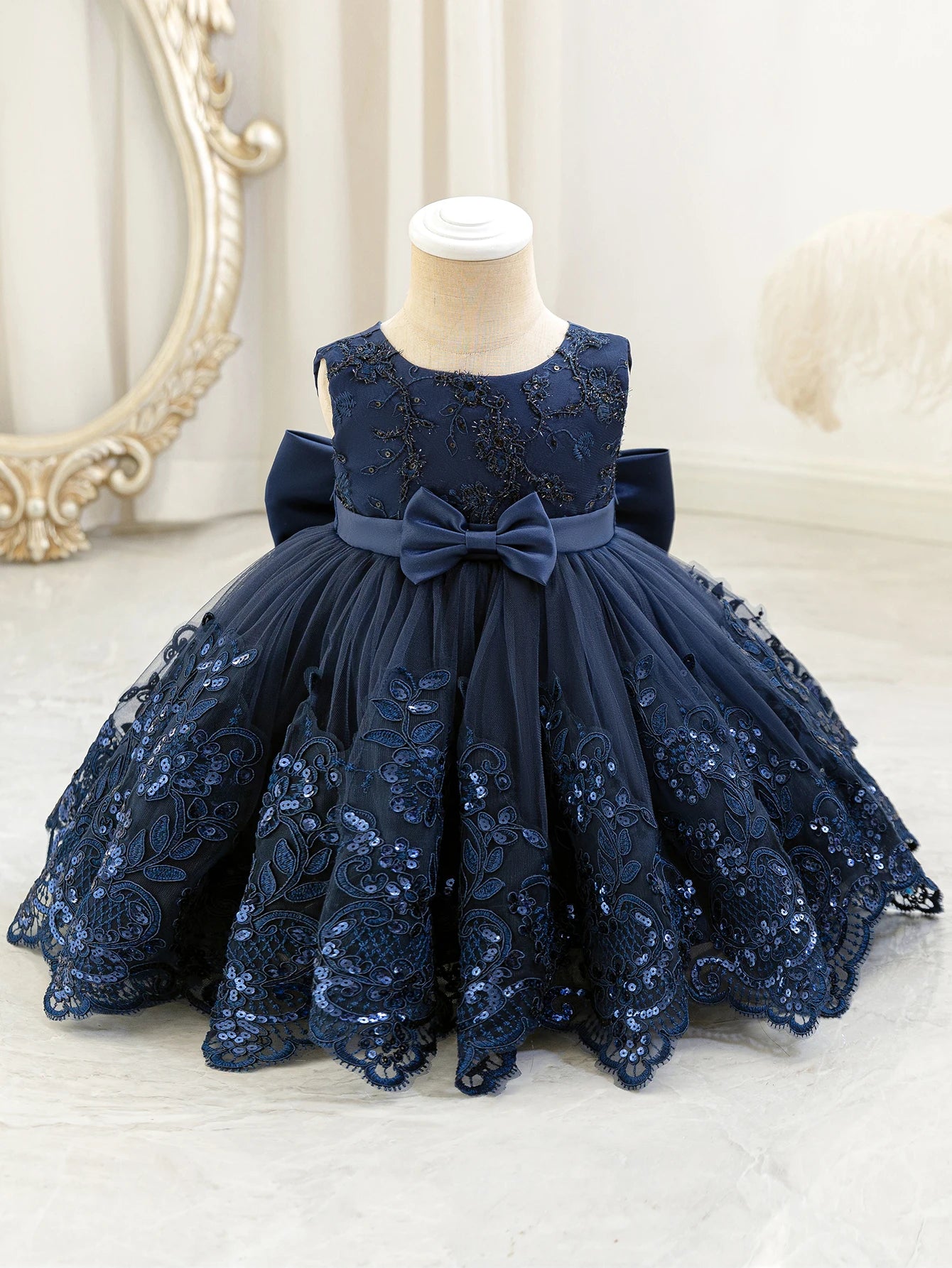 Baby Girl Royal Blue Lace Dress With Bow Puffy Mesh Party Dress Mesh Elegant Princess Dress