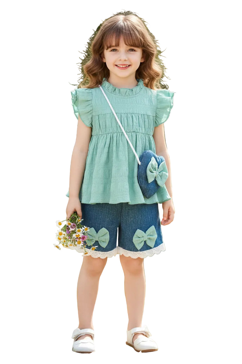 Baby Girl Summer 3-Piece Set | Ruffle Top, Blue Shorts & Bag (0–3 Years)