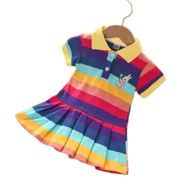 Girls Rainbow Stripe Rabbit Embroidered Dress | Summer | Ages 2–7