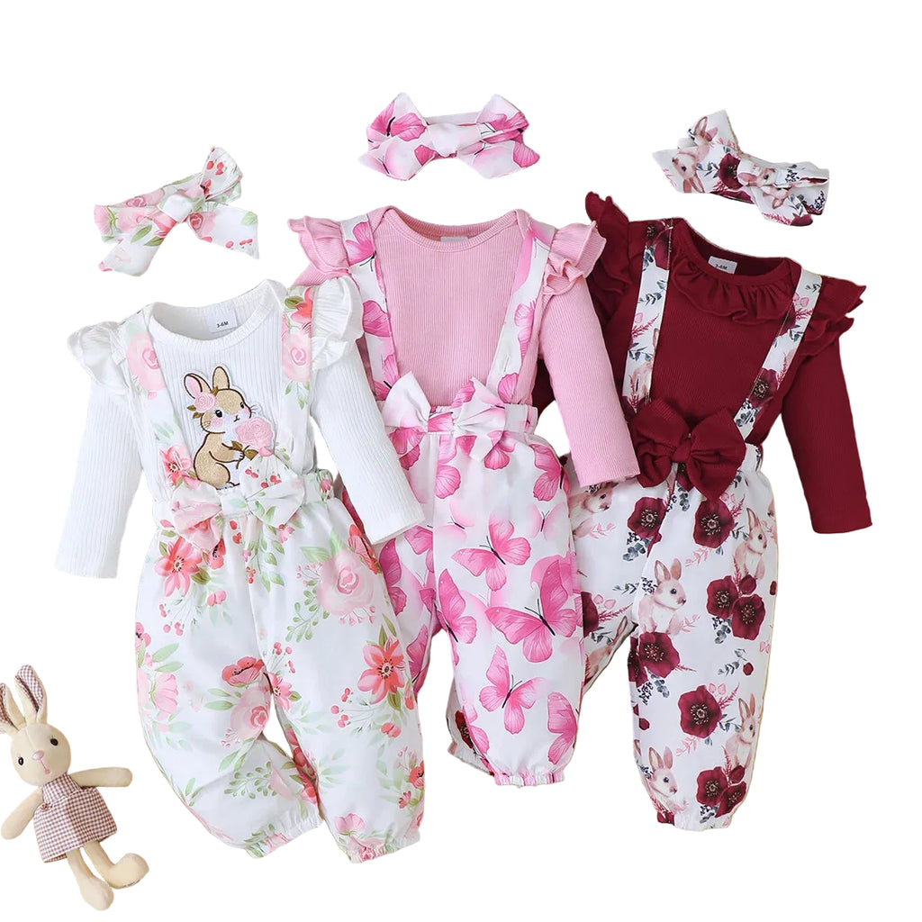 Baby Girl 3-Piece Floral Set | Top, Strap Pants & Headband | 1-24M