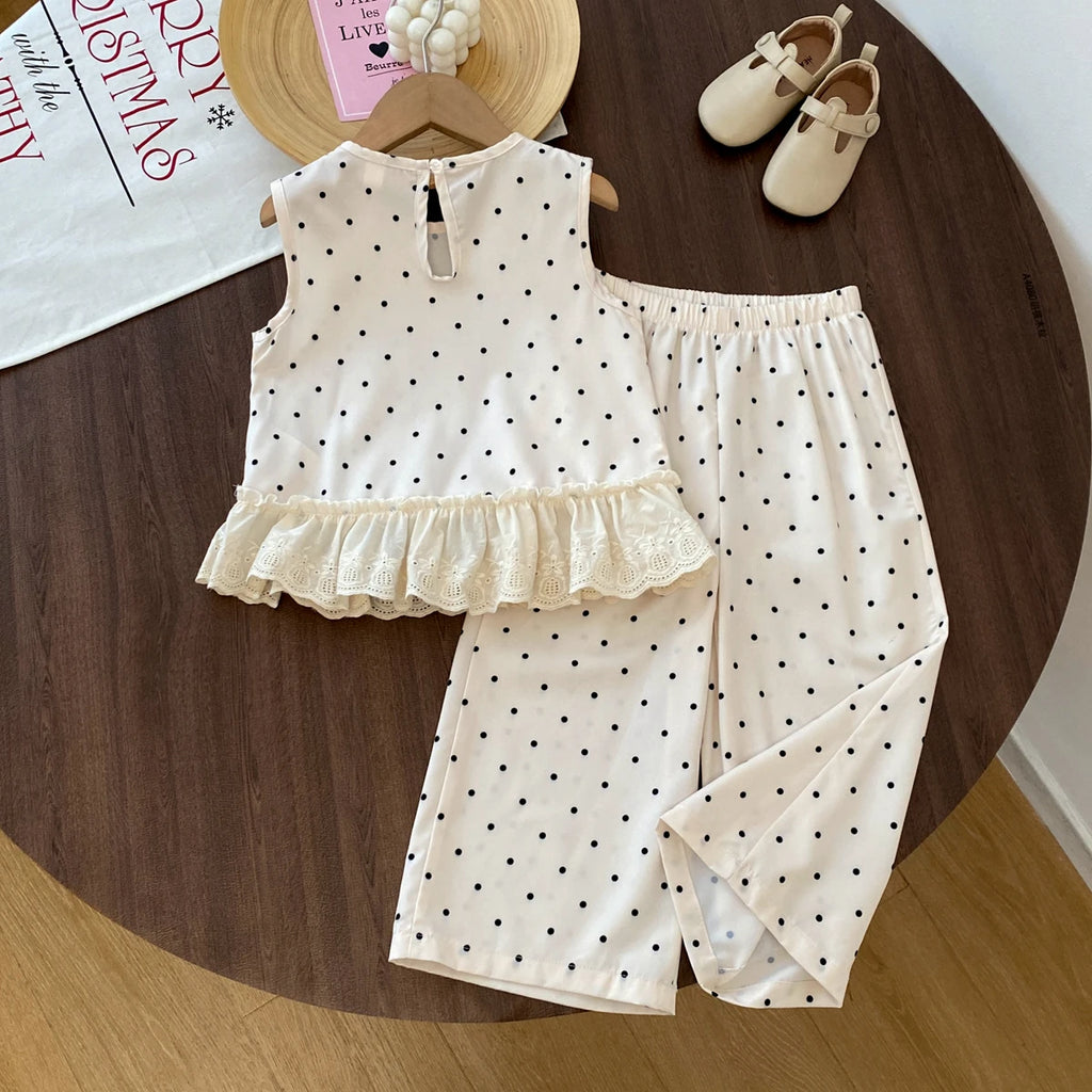 Girls Polka Dot Lace-Trim Top & Trouser Set