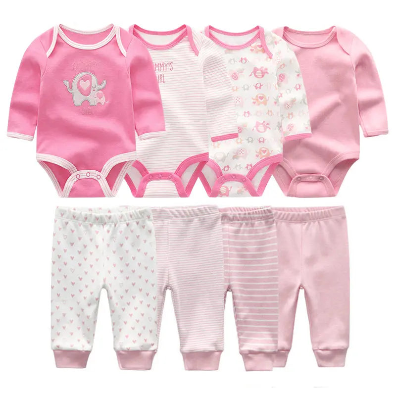 8-Piece Baby Bodysuit & Pants Set – Long Sleeve Cotton Unisex