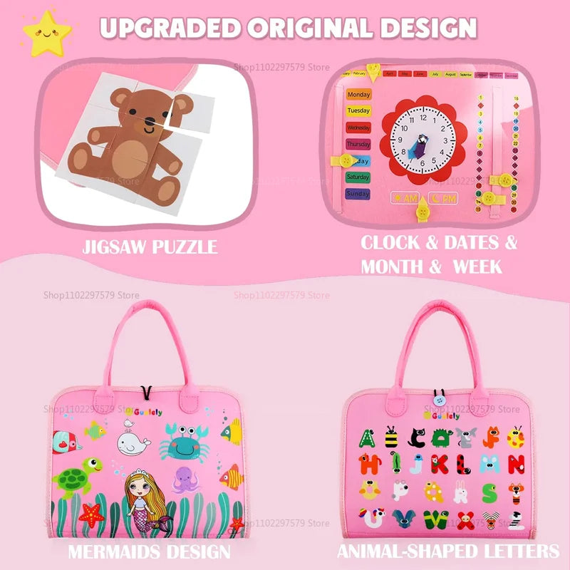 Montessori Busy Board for Toddlers - 7-in-1 Sensory Learning & Fine Motor Skills Travel Toy - Educational Felt Activity Board for Ages 2-4