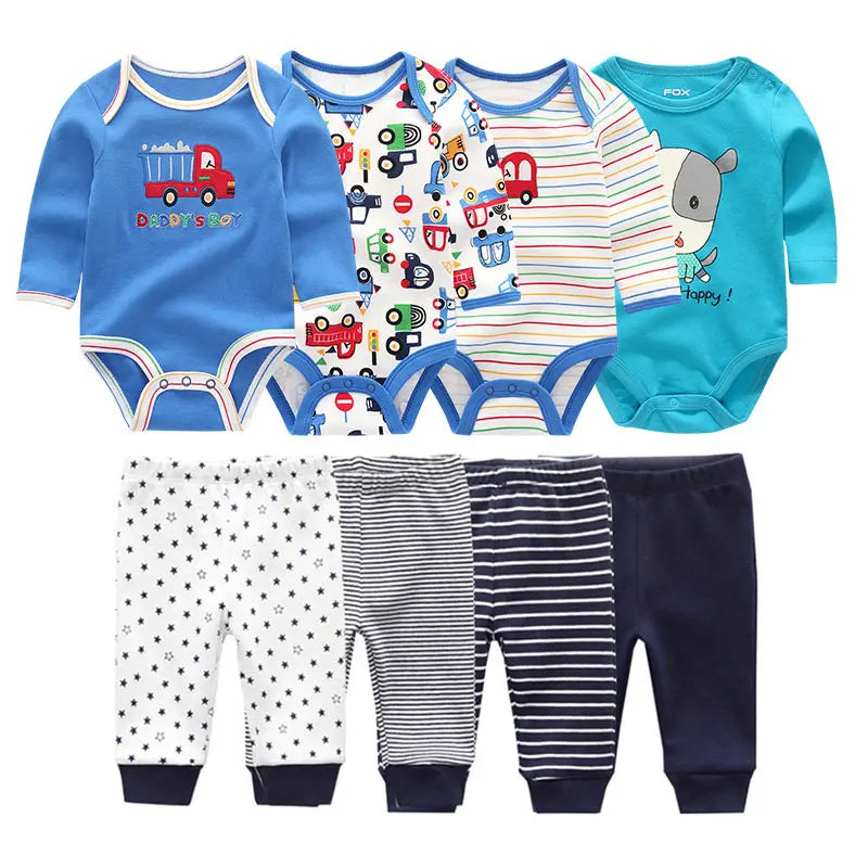 8-Piece Baby Bodysuit & Pants Set – Long Sleeve Cotton Unisex