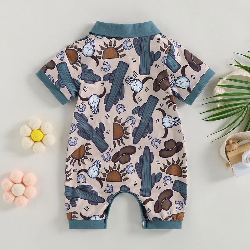 Baby Boys Bull Head Print Romper | Short Sleeve Summer Jumpsuit | 3–18M