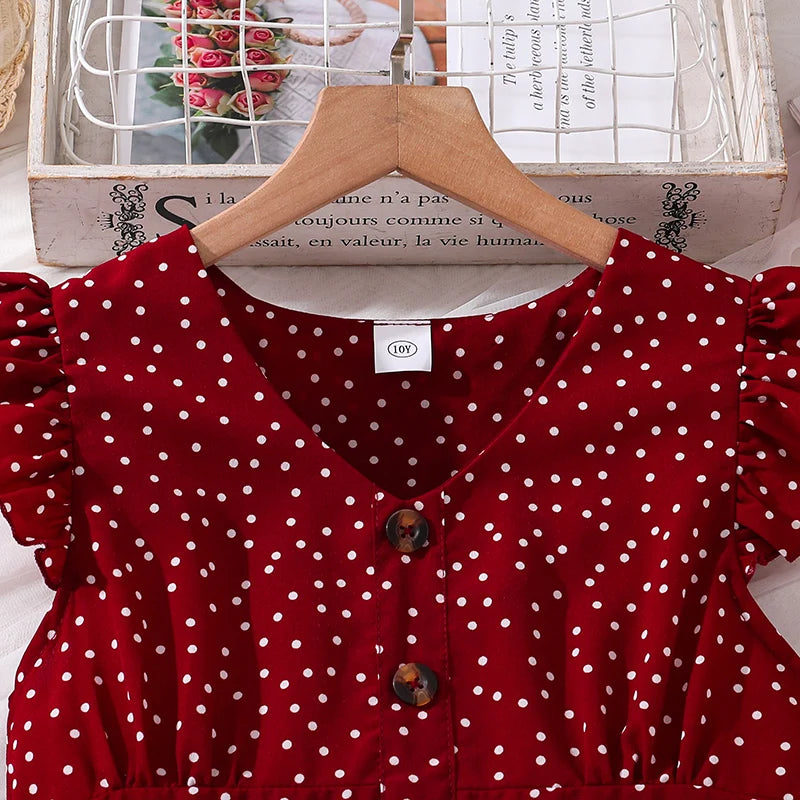 Girls Red Polka Dot V-Neck Dress (4-12Y)