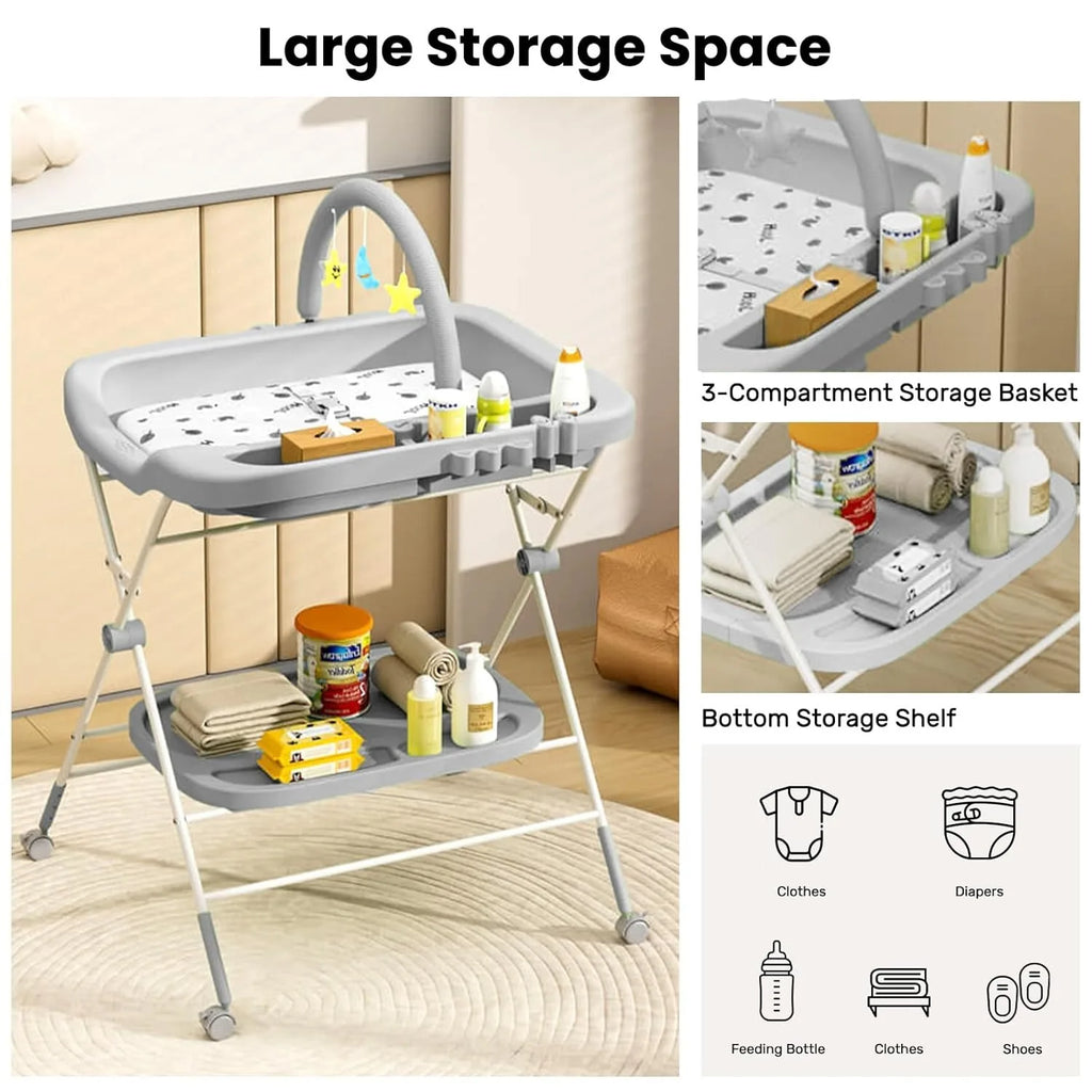Foldable Baby Diaper Changing Table with Wheels & Storage