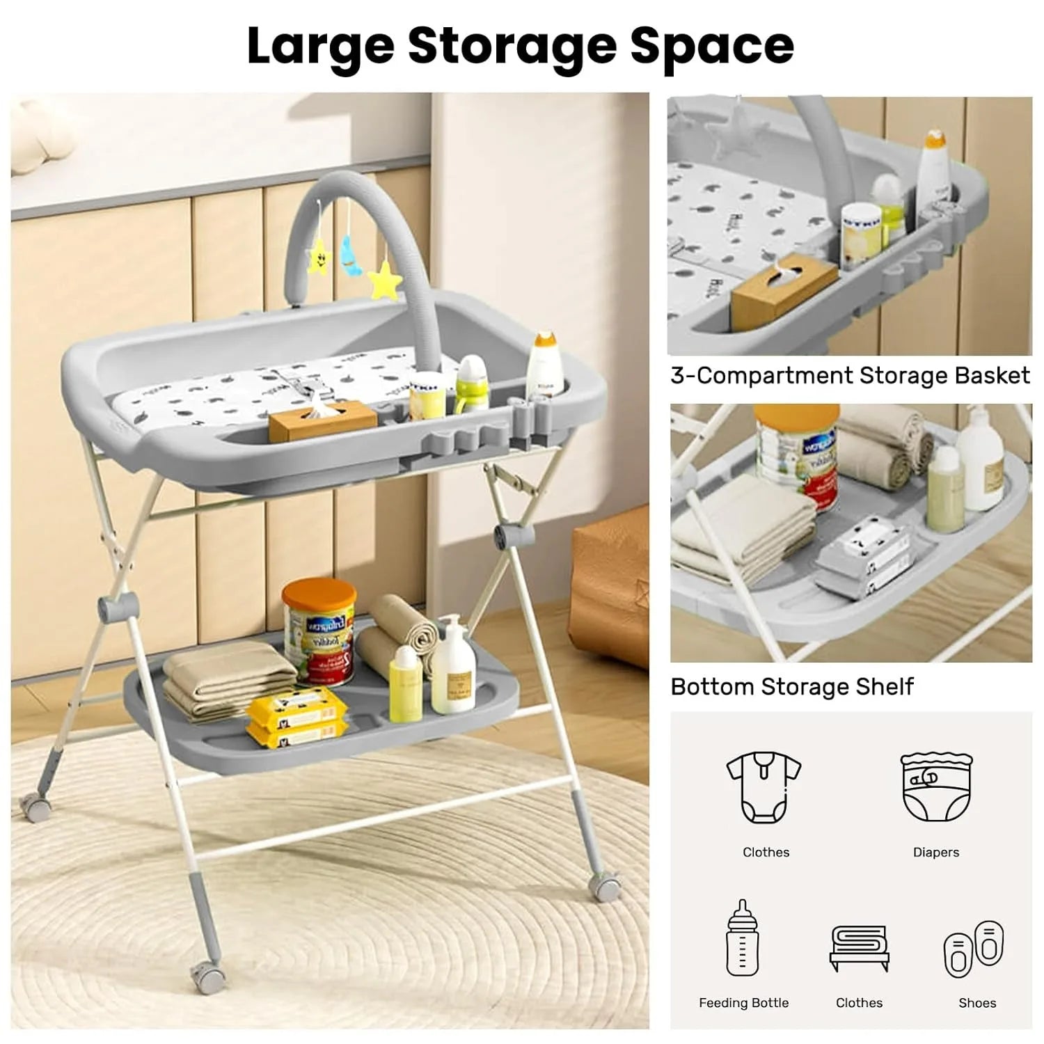 Foldable Baby Diaper Changing Table with Wheels & Storage