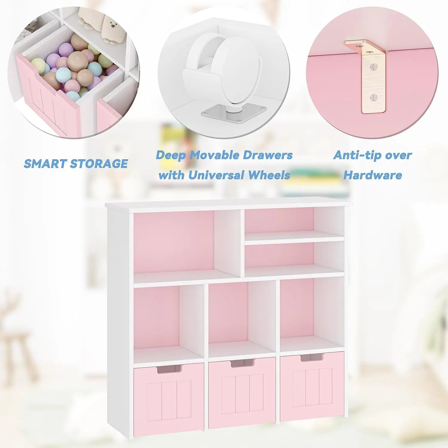 Kids Toy Storage Organiser – Bookshelf with 3 Drawers & 6 Cubbies for Bedroom & Playroom