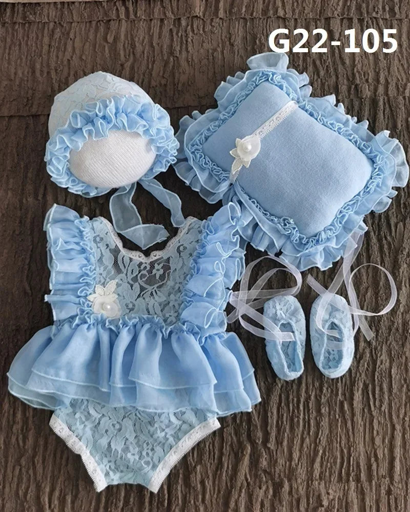 Newborn Baby Girl Photography Props Set | Lace Dress Romper, Hat & Headband 0–3M