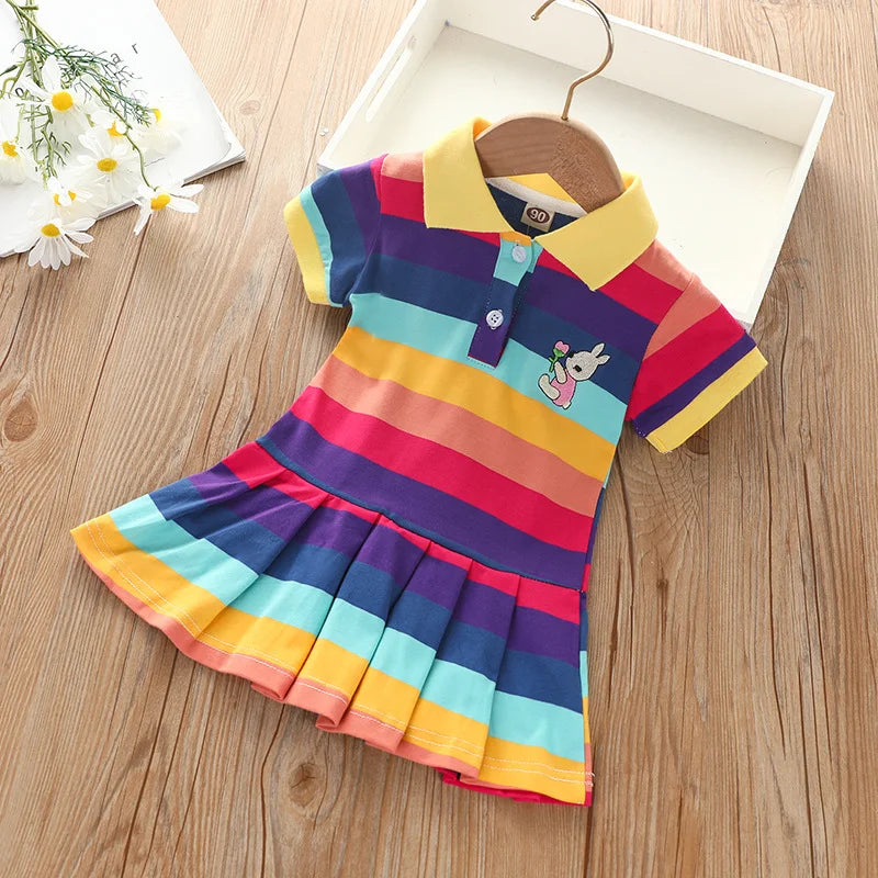 Girls Rainbow Stripe Rabbit Embroidered Dress | Summer | Ages 2–7