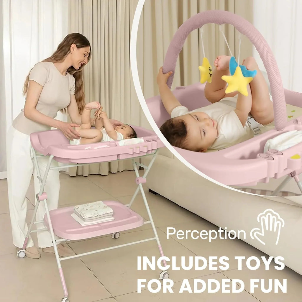 Foldable Baby Diaper Changing Table with Wheels & Storage