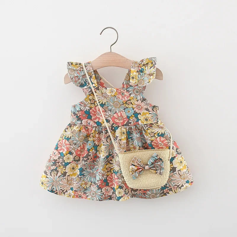 Baby Girls Floral Halter Dress with Bow Bag