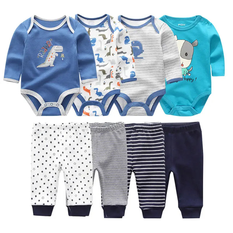 8-Piece Baby Bodysuit & Pants Set – Long Sleeve Cotton Unisex