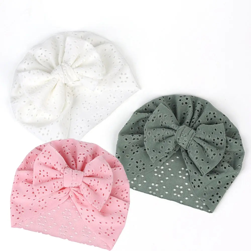 3-Pack Baby Breathable Cotton Caps – Bow Bonnet Set | White, Pink & Green