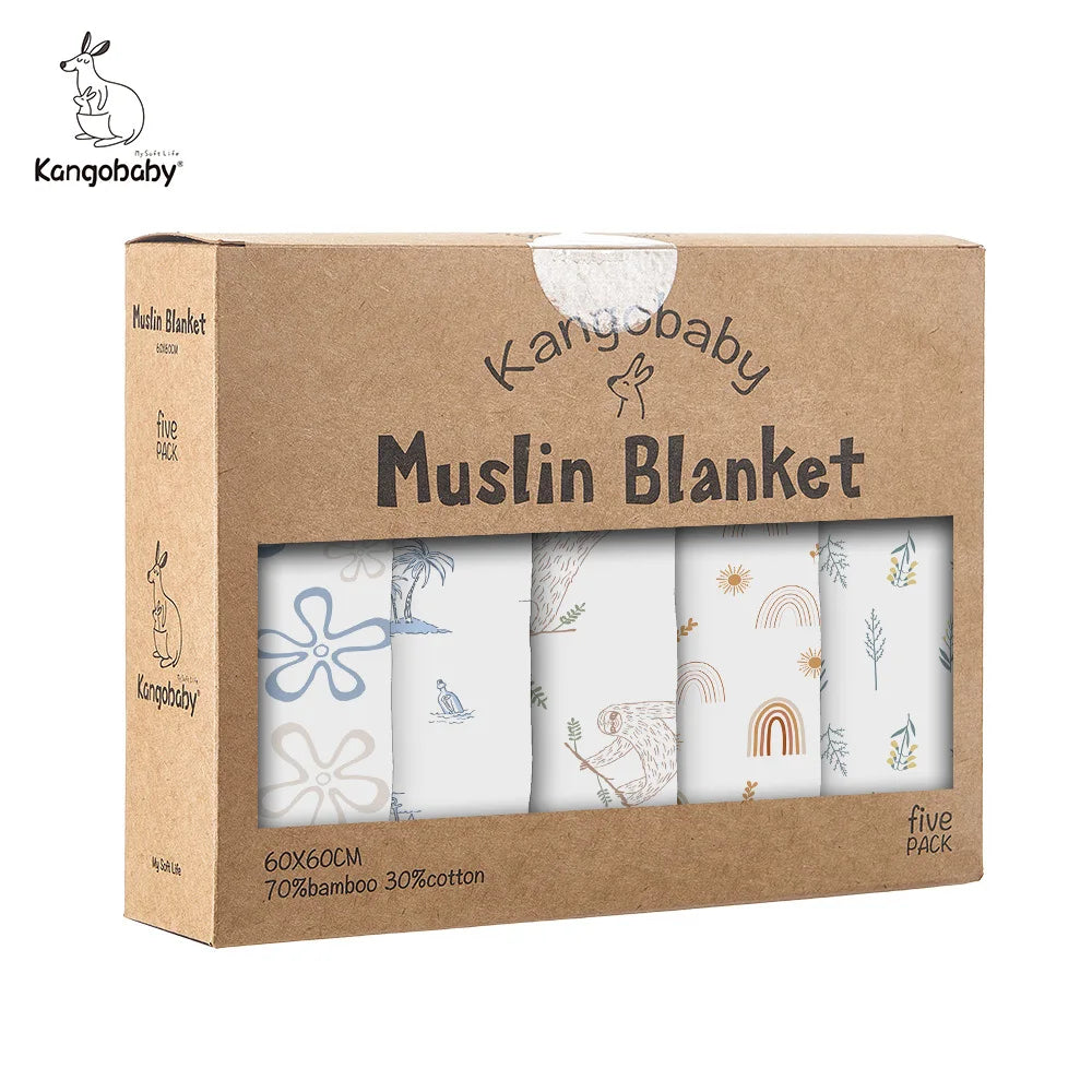 Kangobaby 5-Piece Bamboo Cotton Muslin Blanket & Burp Cloth Set