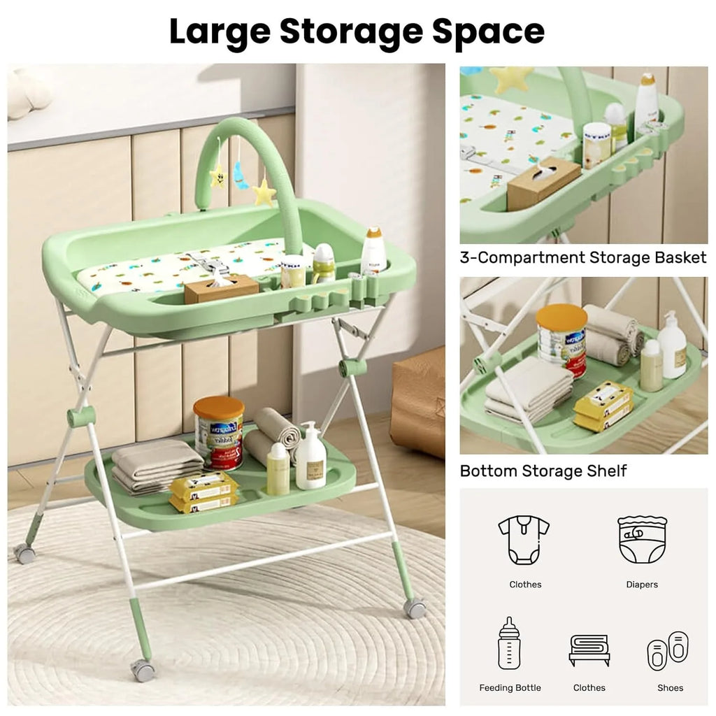 Foldable Baby Diaper Changing Table with Wheels & Storage