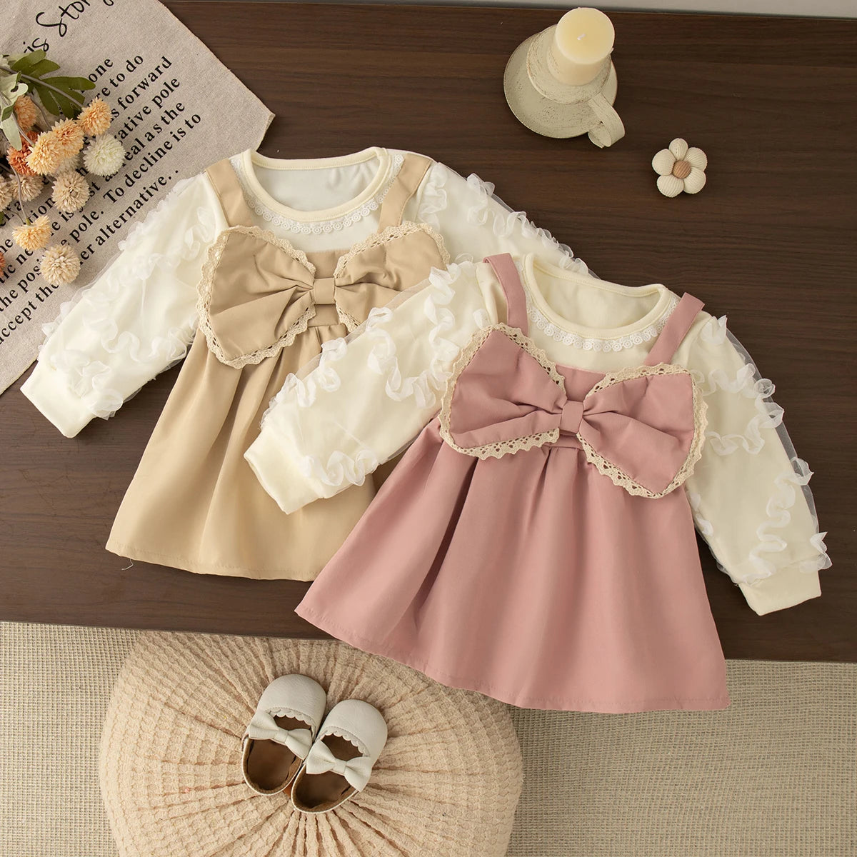 6-24 Months Spring And Autumn New Sweet Bow Baby Girl Dress, Modern Style Bubble Long Sleeved Children'S Clothing For Parties