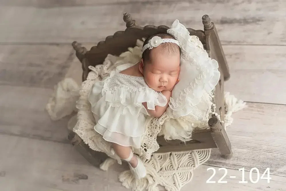 Newborn Baby Girl Photography Props Set | Lace Dress Romper, Hat & Headband 0–3M