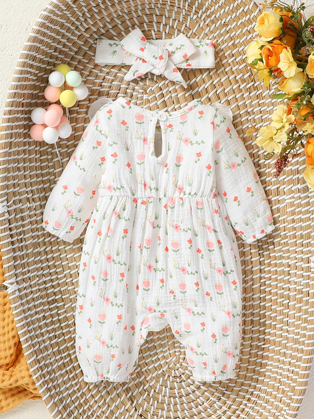 Baby Girl's Floral Jumpsuit with Headband (0–6M)