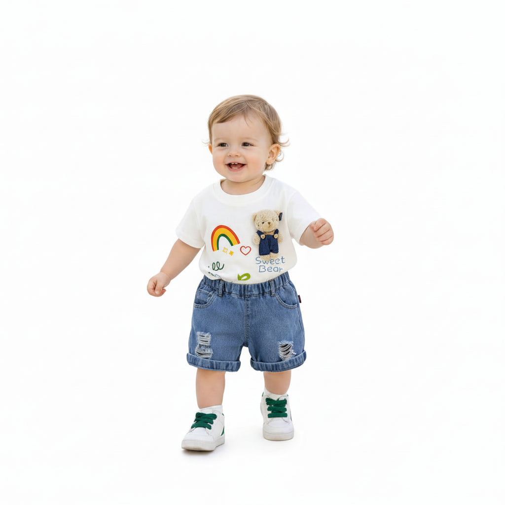Boys' 3D Bear Print Two-Piece Summer Outfit