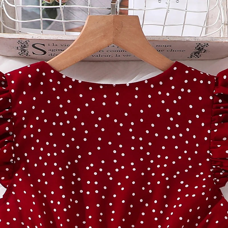 Girls Red Polka Dot V-Neck Dress (4-12Y)
