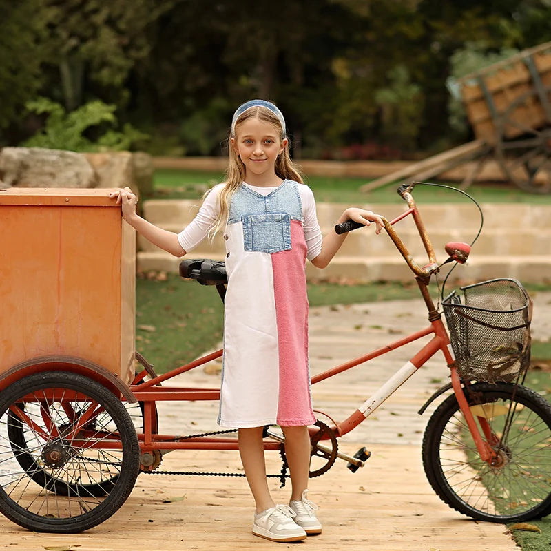 Girls summer denim dress with contrast pocket trim