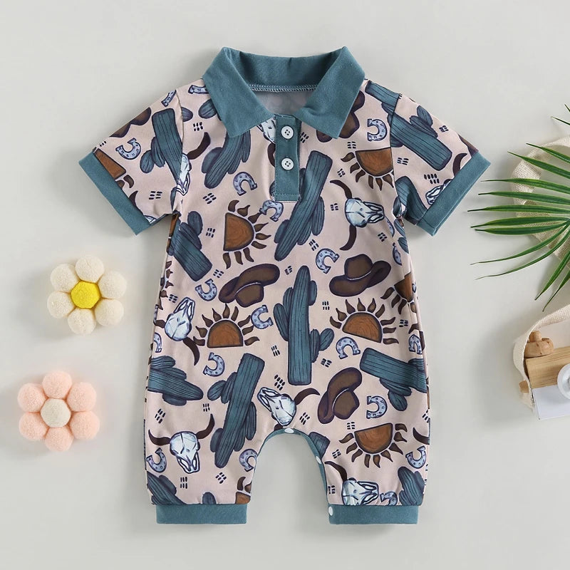 Baby Boys Bull Head Print Romper | Short Sleeve Summer Jumpsuit | 3–18M