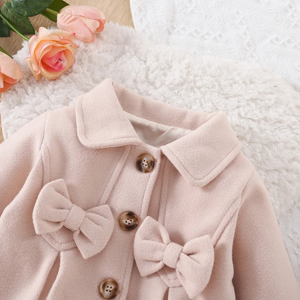 Baby Girls Beige Bow Coat | Long Sleeve Winter Jacket 6M–3Y