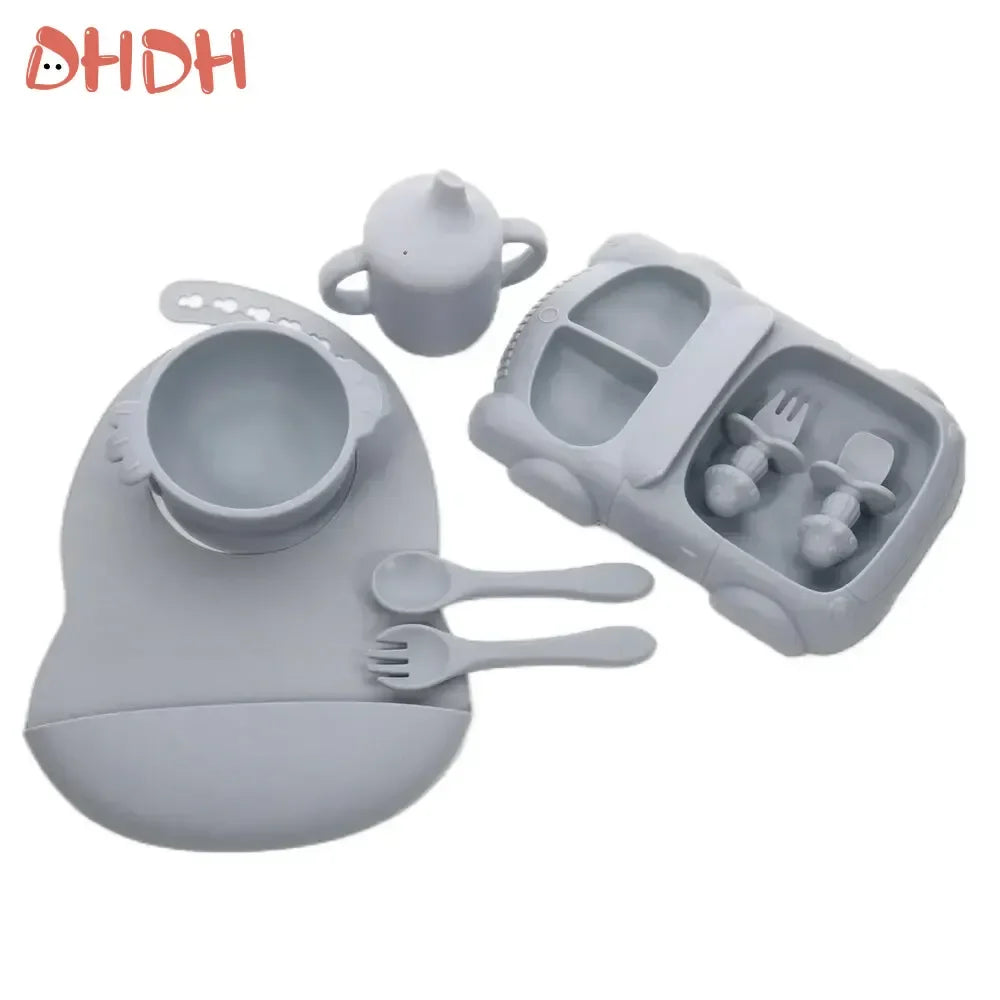 Silicone Baby Feeding Set Tableware Baby Food Dish Fork Spoon Suction Bowl Divided Plate Bib Cup Baby Led Weaning Supplies