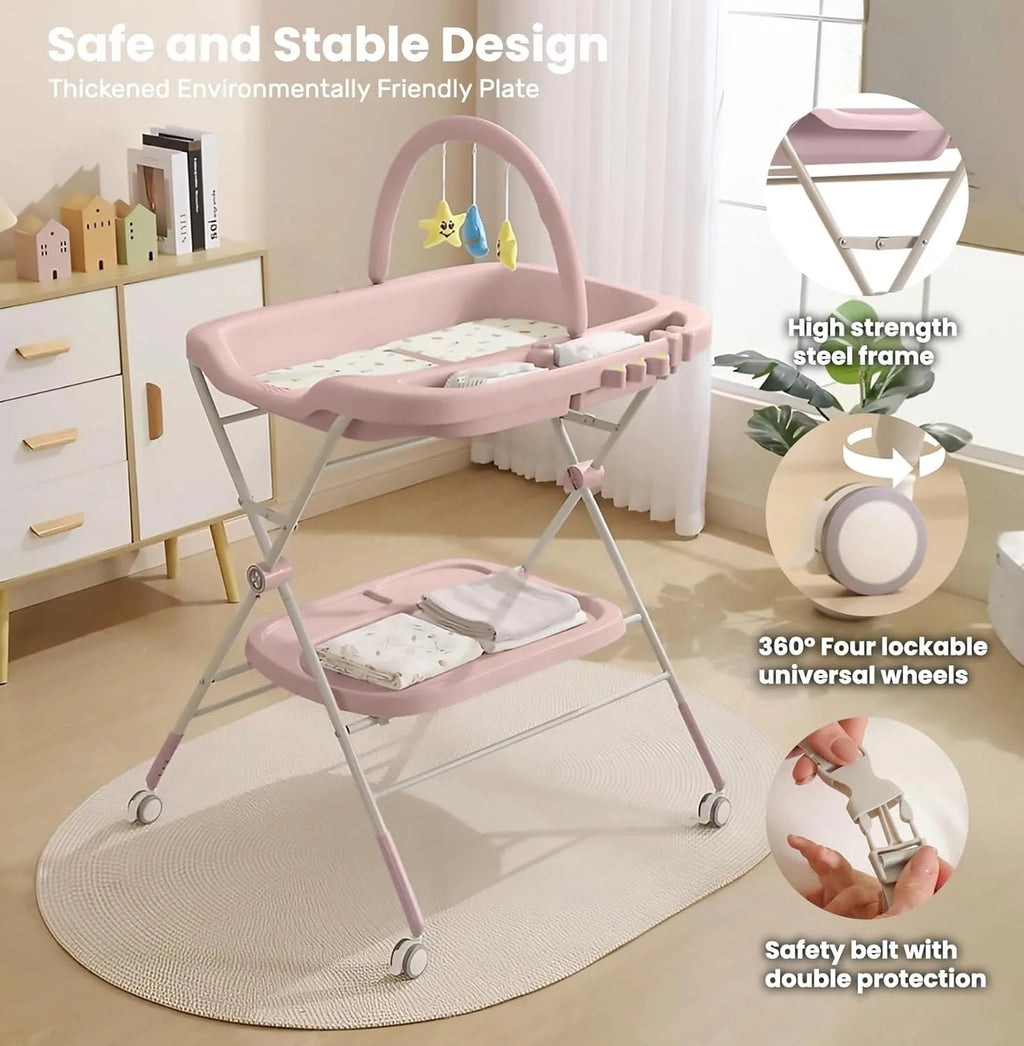 Foldable Baby Diaper Changing Table with Wheels & Storage