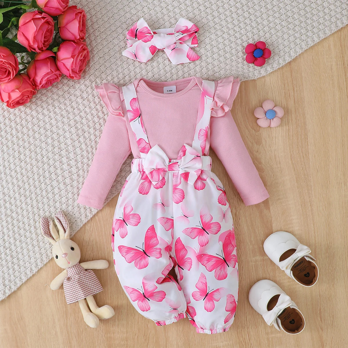 Baby Girl 3-Piece Floral Set | Top, Strap Pants & Headband | 1-24M