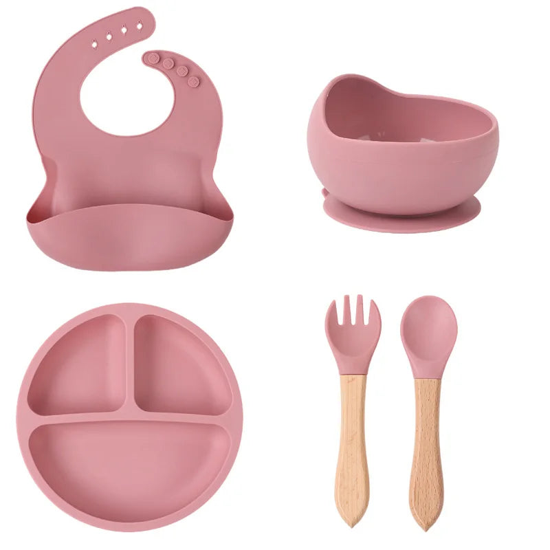 Children's silicone tableware set Baby Complementary Food Training 1/2/3/5PCS Set Sucker Bowl Bib Cup Fork Spoon Set Maternal