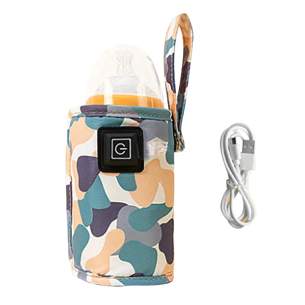USB baby bottle warmer insulated travel bag in blue camouflage print
