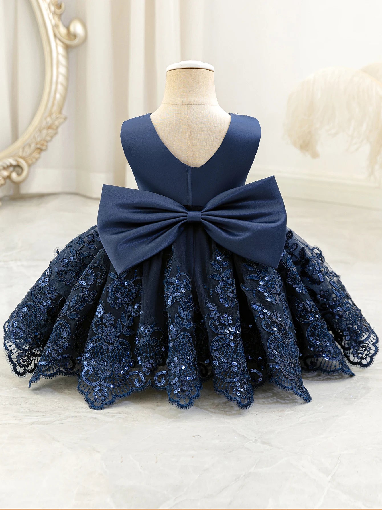 Baby Girl Royal Blue Lace Dress With Bow Puffy Mesh Party Dress Mesh Elegant Princess Dress