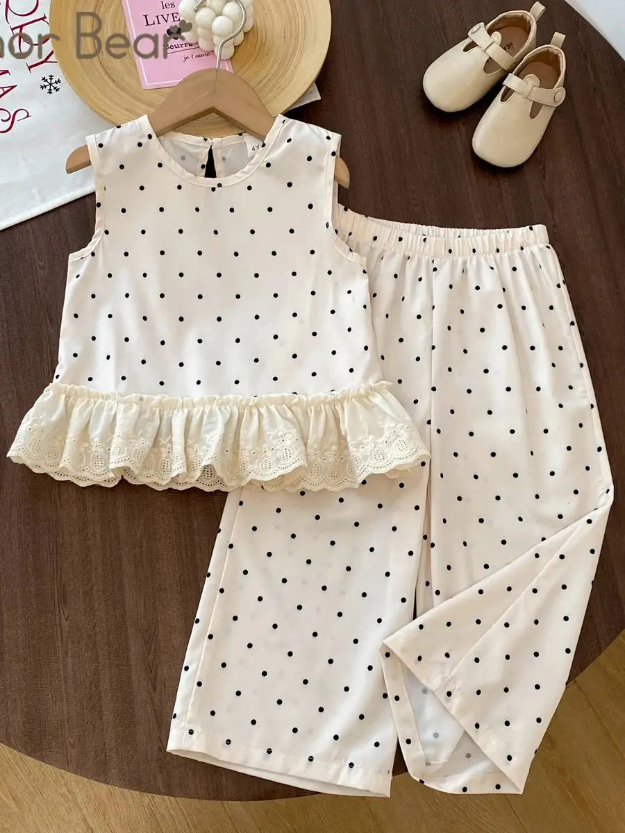 Girls Polka Dot Lace-Trim Top & Trouser Set