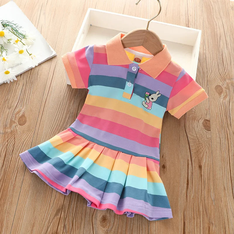 Girls Rainbow Stripe Rabbit Embroidered Dress | Summer | Ages 2–7