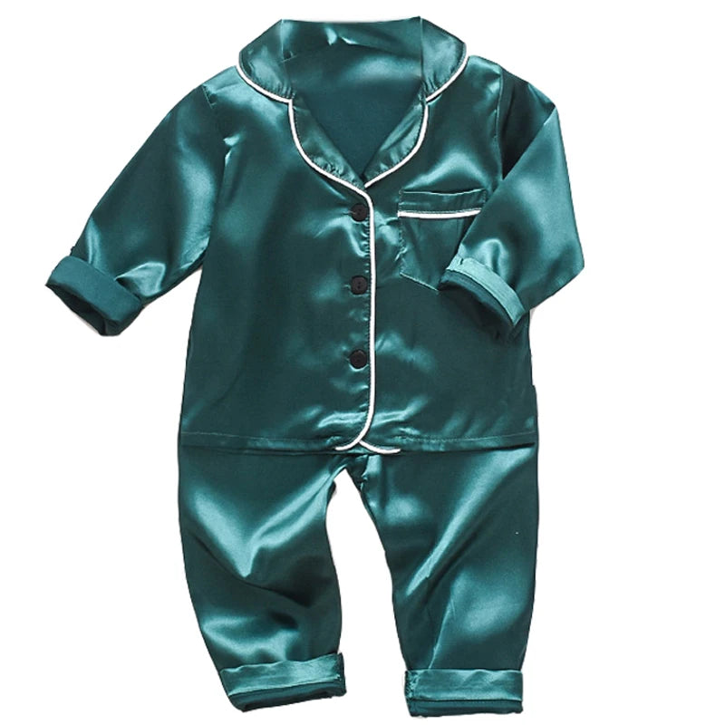 Children’s pajamas set silk satin long sleeve top+trousers two -piece male baby girl cartoon solid color set