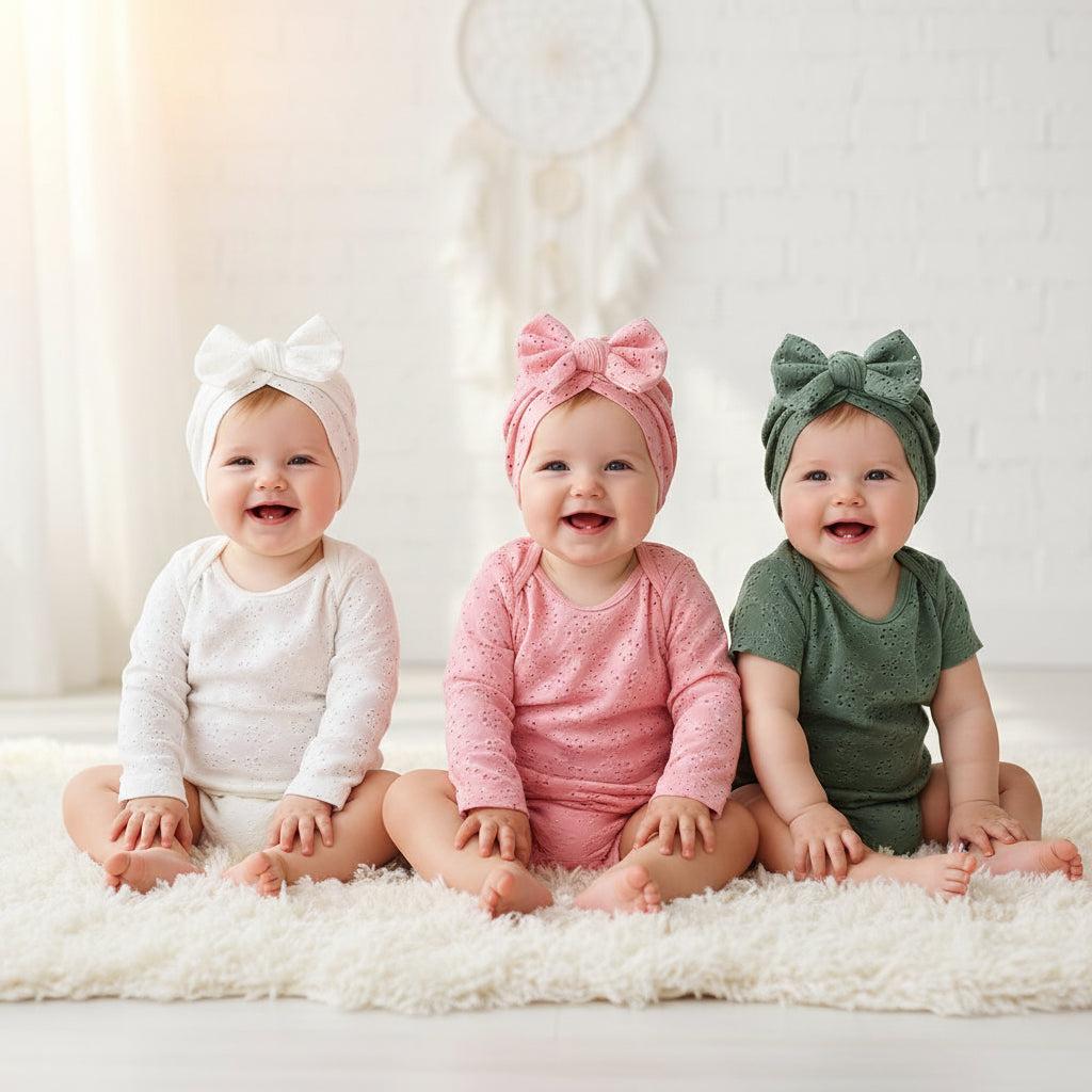 3-Pack Baby Breathable Cotton Caps – Bow Bonnet Set | White, Pink & Green