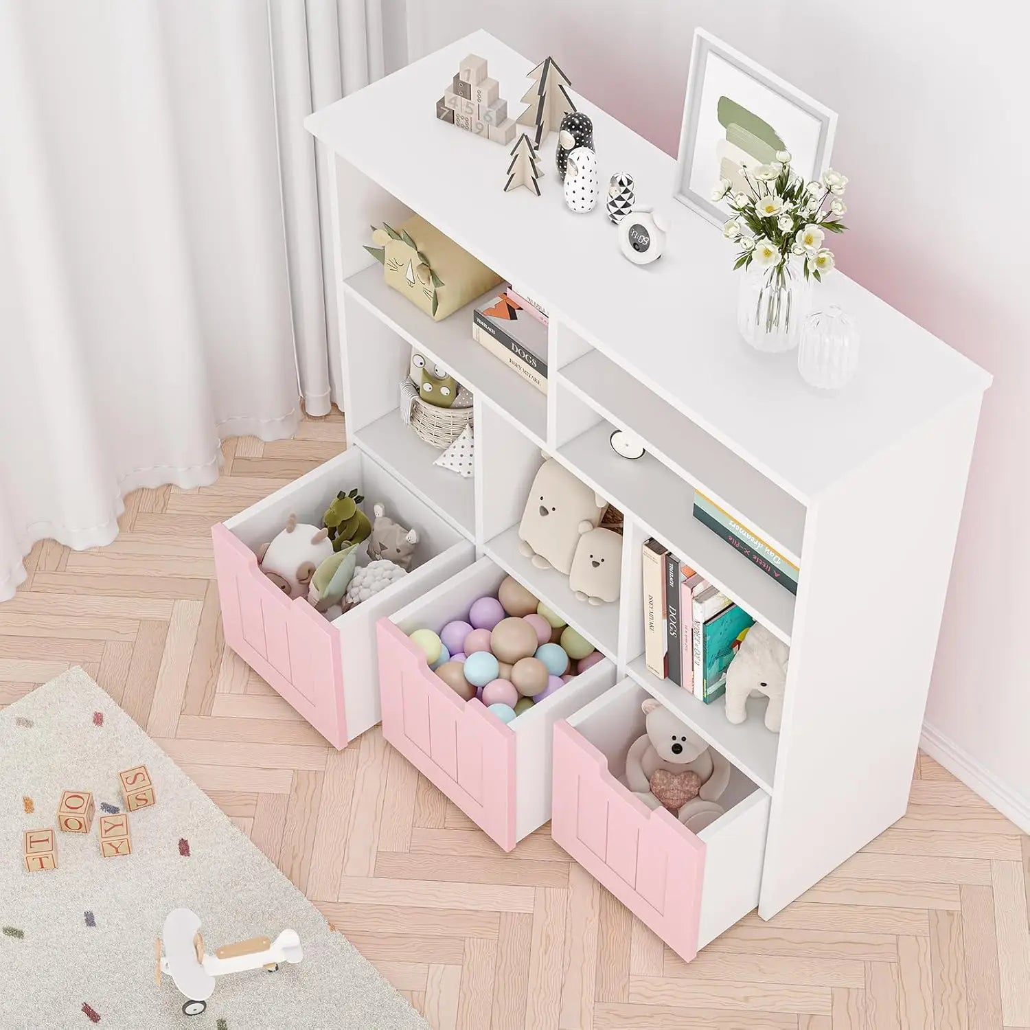Kids Toy Storage Organiser – Bookshelf with 3 Drawers & 6 Cubbies for Bedroom & Playroom