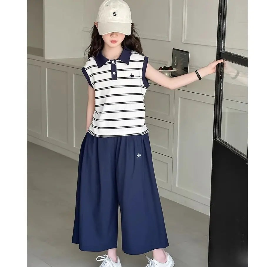 Girls' Striped Polo Vest & Wide-Leg Pants Set – 2-Piece Summer Outfit (7–13Y)