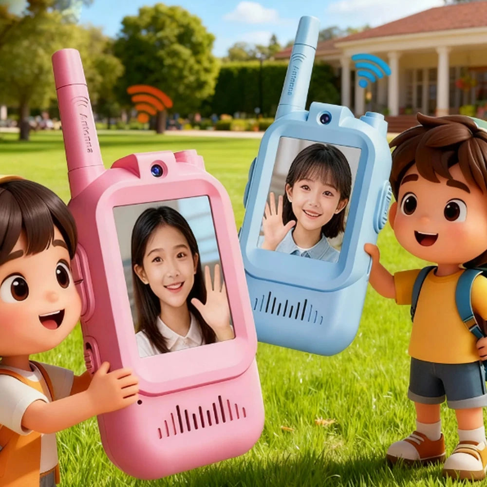 Kids video walkie talkie in blue and pink — rechargeable 2-pack for ages 3+
