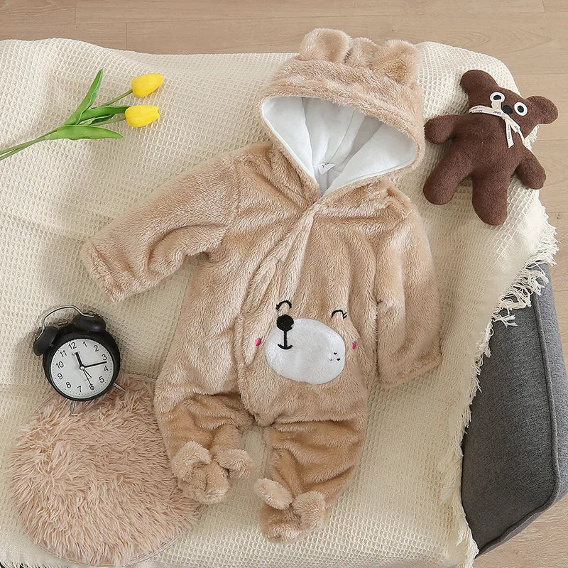Baby Plush Hooded Romper | Cartoon Animal Ear Jumpsuit Newborn–1.5Y
