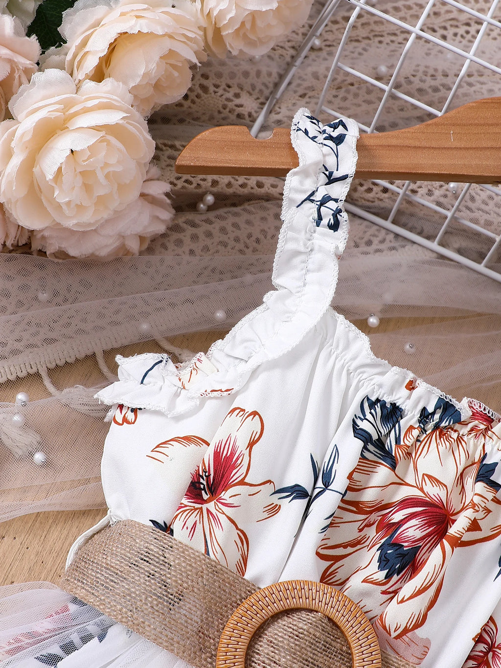 Girls Floral Mesh Suspender Dress with Belt