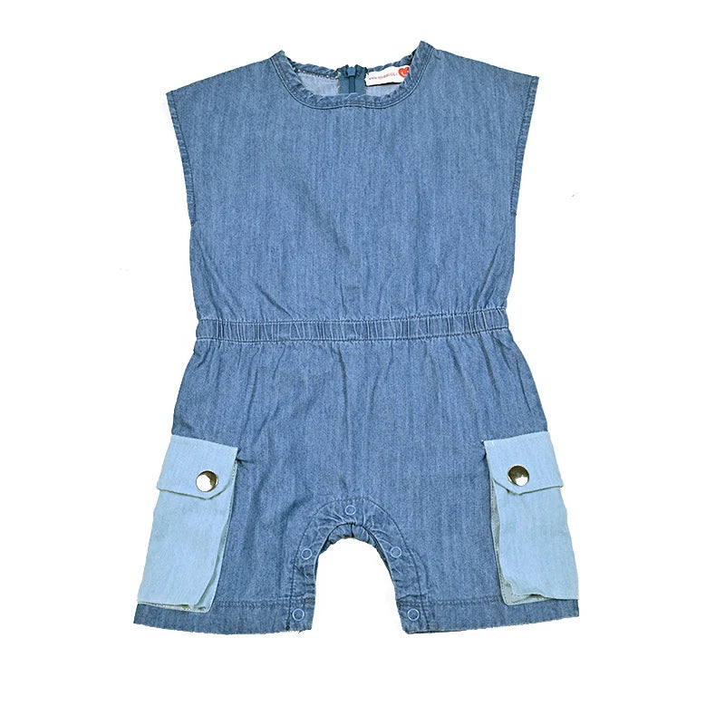 Baby boy summer denim romper with contrast pocket detail
