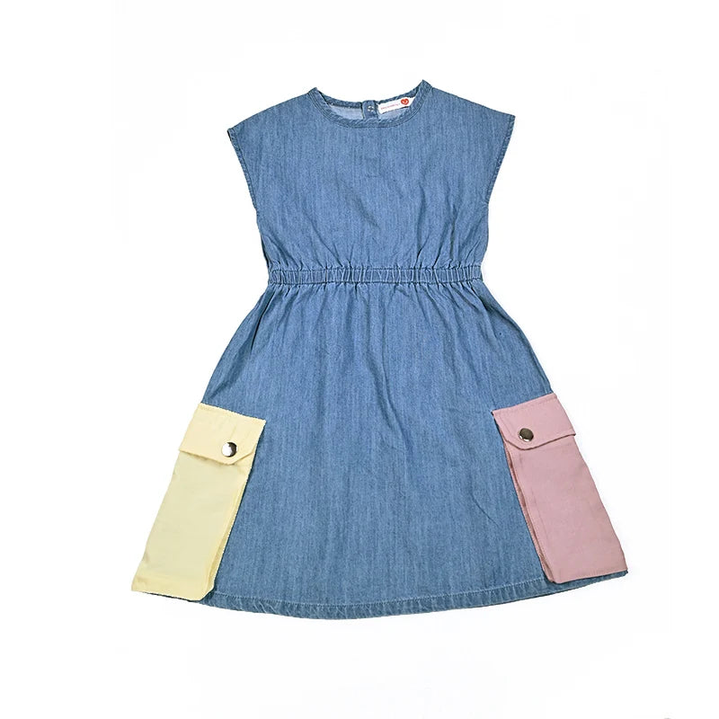Girls summer denim dress with contrast pocket trim